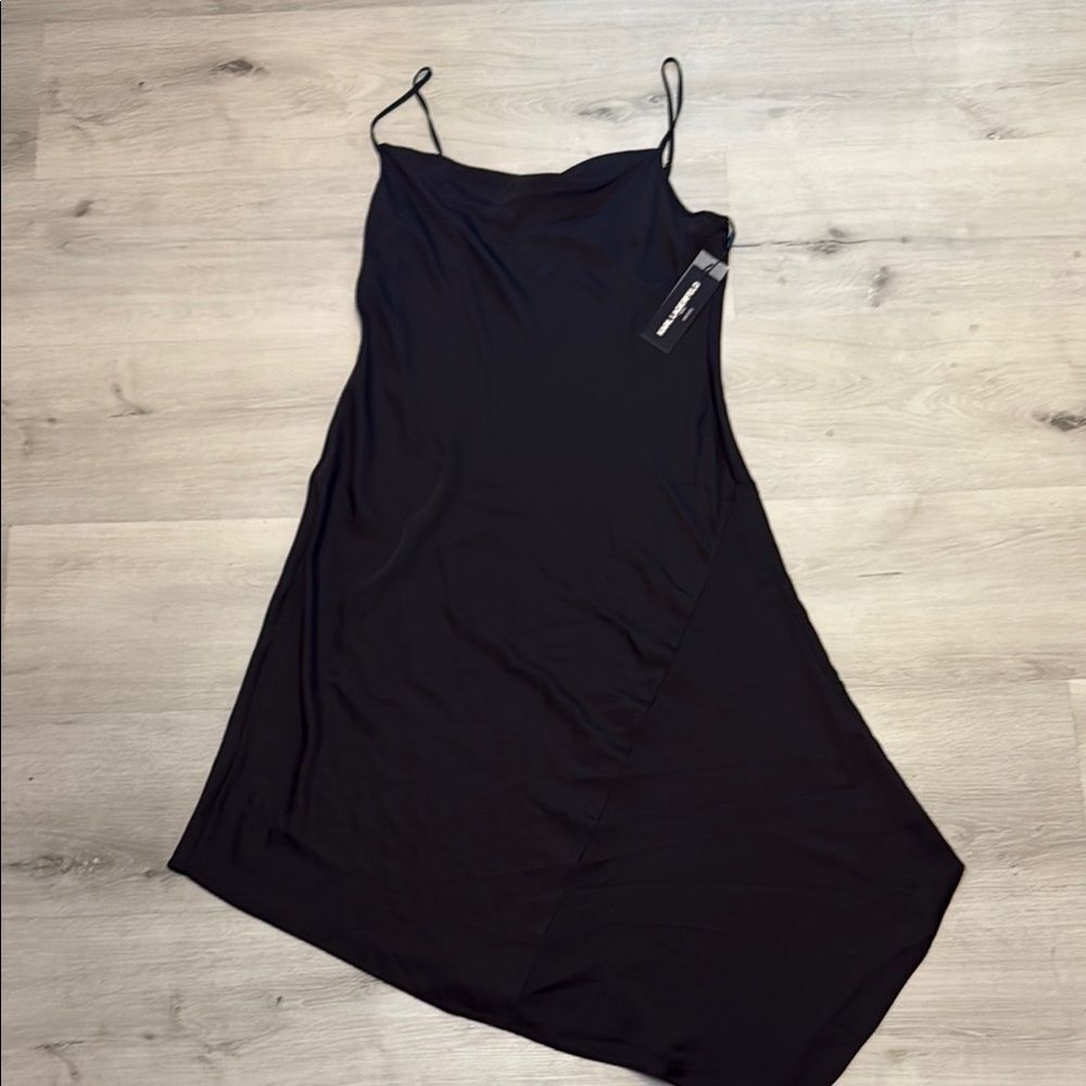 NWT-Karl Lagerfeld- Black asymmetrical silky Midi Dress- Size 12 - Picture 8 of 9
